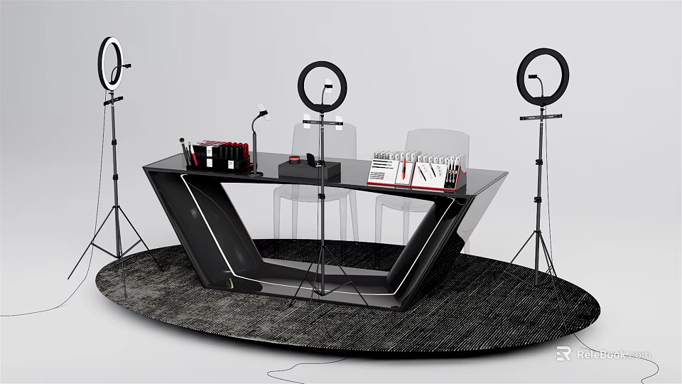 Modern Office Desk with Microphone Books Ring Lights on Round Dark Rug and Transparent Chair 3d model 