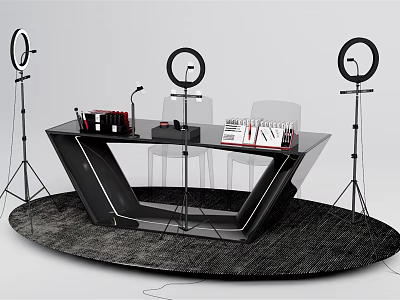 Modern Office Desk with Microphone Books Ring Lights on Round Dark Rug and Transparent Chair 3d model
