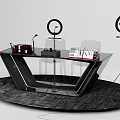 Modern Office Desk with Microphone Books Ring Lights on Round Dark Rug and Transparent Chair
