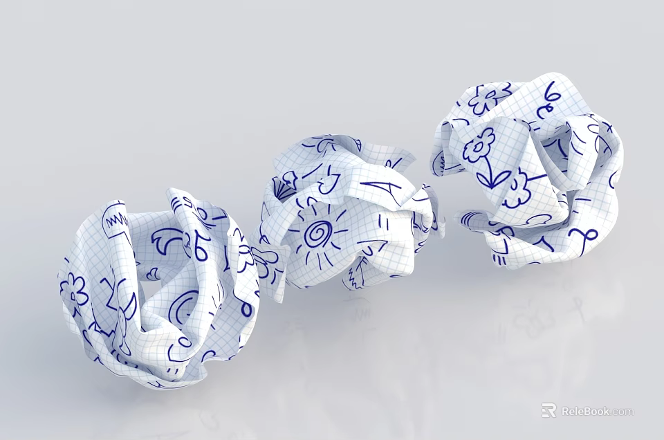 Crumpled Paper Balls With Blue Hand Drawn Doodles And Simple Sketches 3d model 