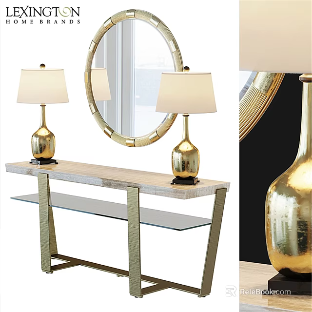 Modern Luxury Dining Table With Wooden Top Glass Shelf And Gold Metal Frame 3d model 
