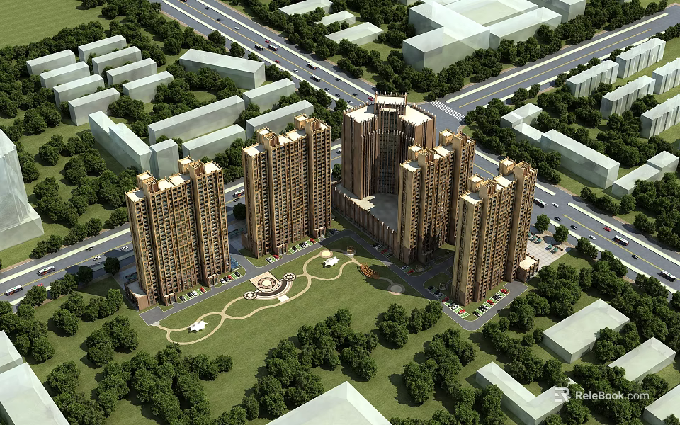 High Rise Residential Buildings Surrounded by Green Lawns Trees and Landscaped Areas 3d model 