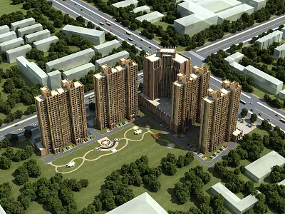 High Rise Residential Buildings Surrounded by Green Lawns Trees and Landscaped Areas 3d model