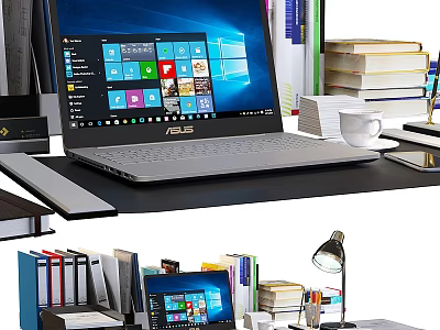 Organized Home Office Desk Setup With Laptop Books Coffee Cup And Lamp 3d model