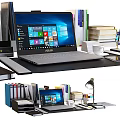 Organized Home Office Desk Setup With Laptop Books Coffee Cup And Lamp