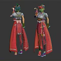 Two Fantasy Characters In Red Outfits With Green Headdress And Mythical Creature Features