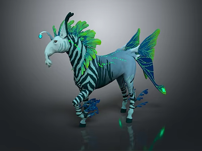 Fantasy Zebra Game Character With Green Blue Feathered Wings And Glowing Details 3d model