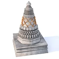 Stone Pagoda With Multi Layered Structure And Golden Decorative Elements On Square Base