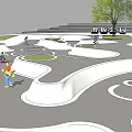 Public Park Playground Design With Winding Paths Circular Areas Green Spaces Trees And People Playing