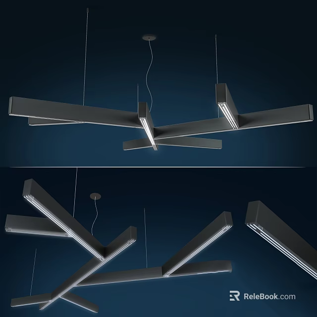 Modern Geometric Linear Cross Chandelier With Metallic Design In Dark Interior 3d model 