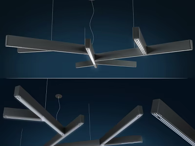 Modern Geometric Linear Cross Chandelier With Metallic Design In Dark Interior 3d model