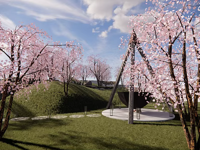 Garden Feature With Pink Cherry Blossom Trees Lush Green Lawn And Circular Swing Platform 3d model