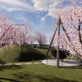 Garden Feature With Pink Cherry Blossom Trees Lush Green Lawn And Circular Swing Platform