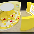 Vibrant Yellow Multi Tiered Display Stand With Product Bags And Circular Wall Decor