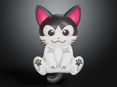 Cute Cartoon Cat In Sitting Pose With Black White Fur Pink Ears And Big Eyes 3d model
