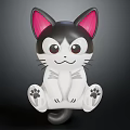 Cute Cartoon Cat In Sitting Pose With Black White Fur Pink Ears And Big Eyes