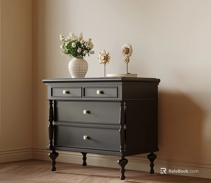 Dark Gray Bedroom Nightstand With Drawers White Vase Fresh Flowers Golden Decor And Book 3d model 