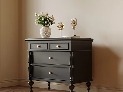 Dark Gray Bedroom Nightstand With Drawers White Vase Fresh Flowers Golden Decor And Book 3d model