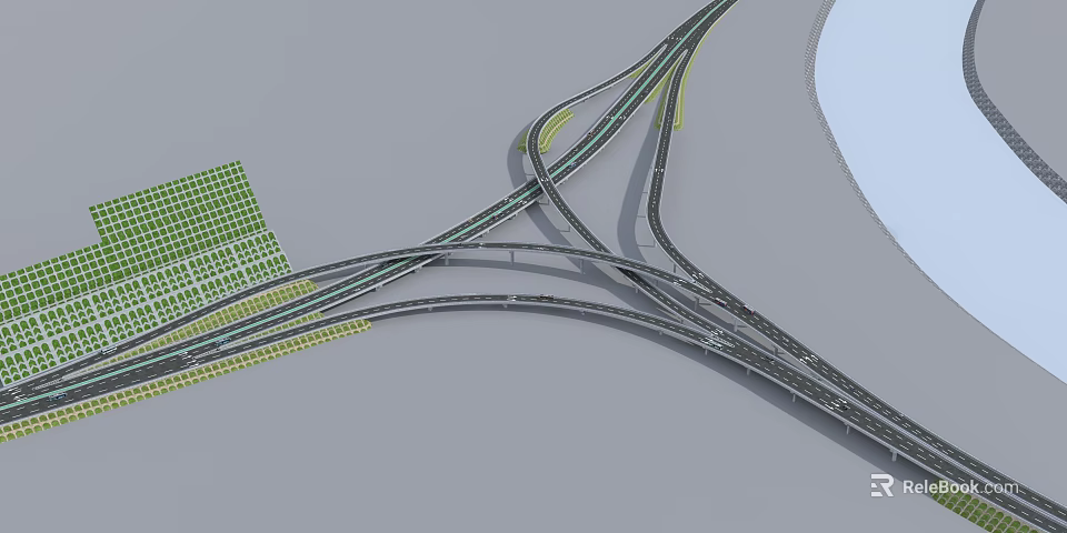 Multi Lane Elevated Highway Interchange With Green Belt And Adjacent Water Body 3d model 