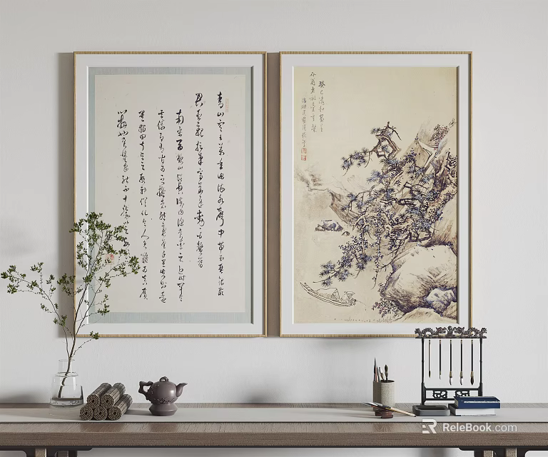 Traditional Chinese Calligraphy And Painting Wall Art With Tea Set And Green Plant Decor 3d model 