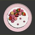 Happy Birthday Cake With White Frosting Pink Drizzle Strawberries And Flowers On Pink Stand