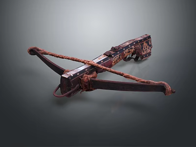 Antique Handcrafted Crossbow With Intricate Carvings Wooden Structure And Leather String 3d model