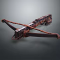 Antique Handcrafted Crossbow With Intricate Carvings Wooden Structure And Leather String