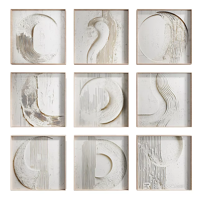 Modern Minimalist Abstract Paintings Set With Curved Lines And Beige White Textured Relief 3d model 