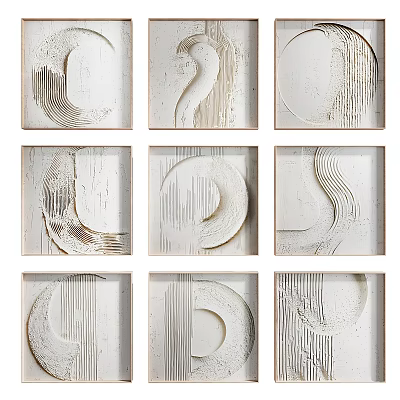 Modern Minimalist Abstract Paintings Set With Curved Lines And Beige White Textured Relief 3d model