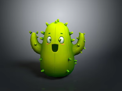 Cute Green Cartoon Cactus Character With Big Eyes And Open Mouth 3d model