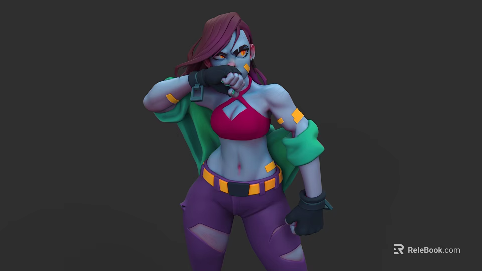 Woman with Red Hair Blue Skin in Red Crop Top Purple Ripped Pants Green Jacket Black Gloves Dynamic Pose 3d model 