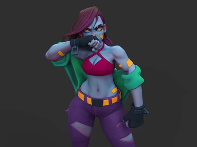 Woman with Red Hair Blue Skin in Red Crop Top Purple Ripped Pants Green Jacket Black Gloves Dynamic Pose 3d model