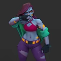 Woman with Red Hair Blue Skin in Red Crop Top Purple Ripped Pants Green Jacket Black Gloves Dynamic Pose