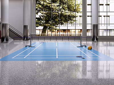 Indoor Badminton Court With Blue Floor White Lines Net Yellow Shuttlecock And Racket 3d model