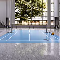 Indoor Badminton Court With Blue Floor White Lines Net Yellow Shuttlecock And Racket