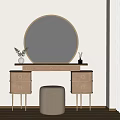 Elegant Brown Dressing Table With Round Gold Frame Mirror Drawers And Gray Stool Decorative Plants