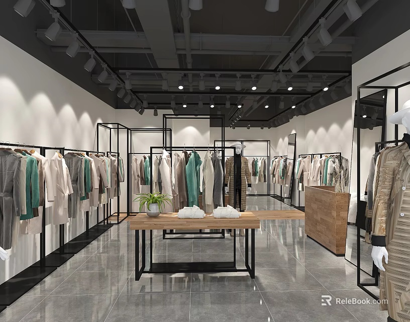 Modern Clothing Store Interior With Display Racks Mannequins And Table Plant 3d model 