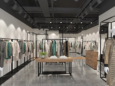 Modern Clothing Store Interior With Display Racks Mannequins And Table Plant 3d model