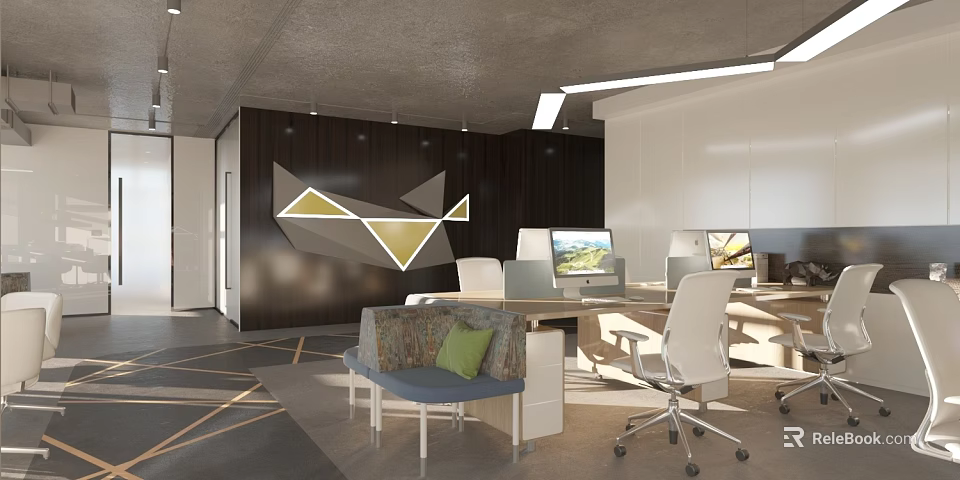 Modern Public Office Space With Workstations Computers Accent Chairs And Geometric Wall Decor 3d model