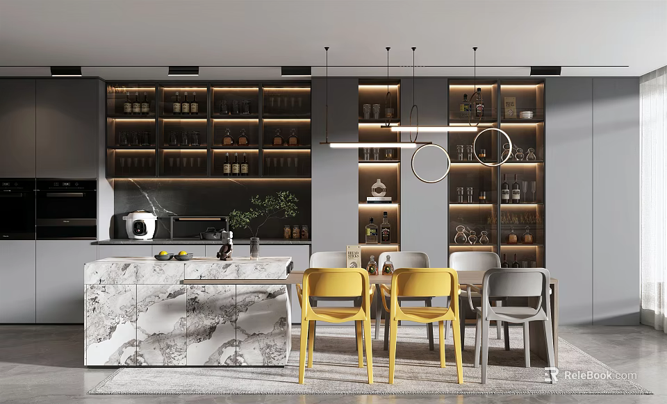 Modern Open Kitchen Interior With Marble Island Counter Cabinets And Pendant Lights 3d model 