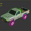 White Weathered Single Cab Pickup Truck With Large Off Road Tires And Reflection