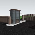 Modern Glass Security Booth With Cyclist Passing By Wooden Fence And Green Trees