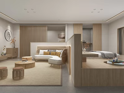 Modern Hotel Room Interior With Cozy Seating Area Wooden Furniture And Soft Lighting 3d model