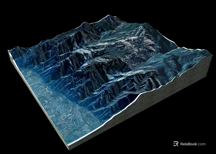 3D Terrain Model of Mountain Landscape with Blue Tones and Black Background 3d model 