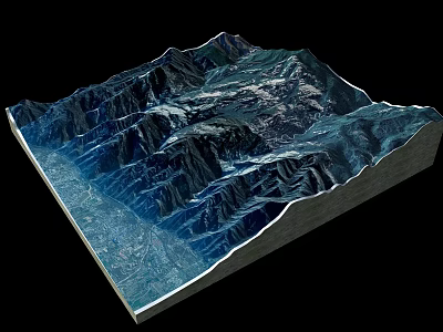 3D Terrain Model of Mountain Landscape with Blue Tones and Black Background 3d model