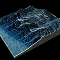 3D Terrain Model of Mountain Landscape with Blue Tones and Black Background