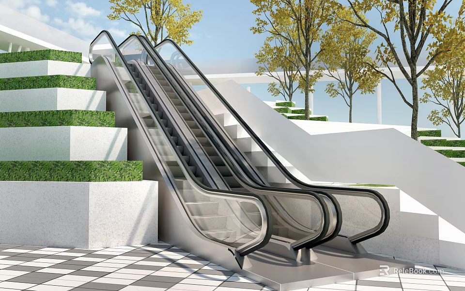 Outdoor Escalator With Modern Design And Greenery 3d model 