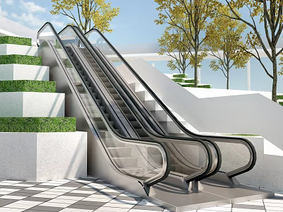 Outdoor Escalator With Modern Design And Greenery 3d model