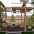 Garden Courtyard With Wooden Pergola Seating Area Sofa Chairs And Green Plants
