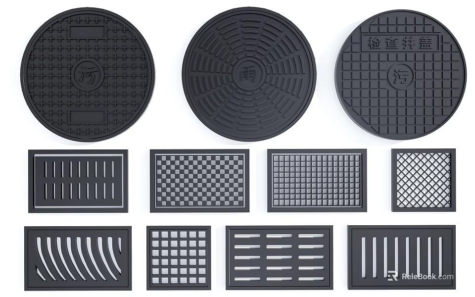 Road Infrastructure Featuring Various Manhole Covers With Circular Square Grid And Striped Designs 3d model